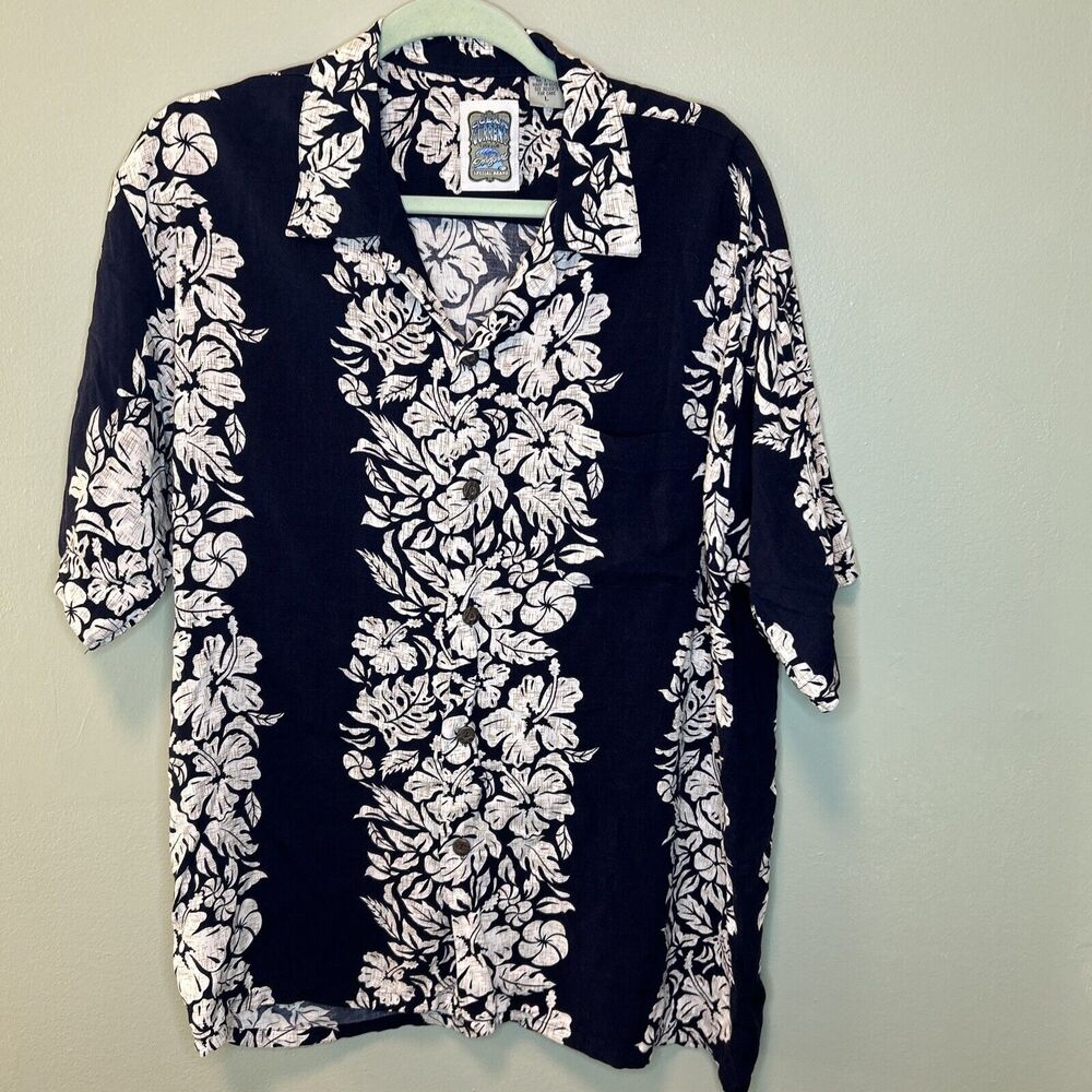 Ocean Current Hawaiian Shirt Mens L Blue White Floral Tropical Button Up Aloha